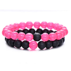 2Pcs/Set Fashion Natural Stone Pink and Black Beads Bracelets for Men Women Trency Men Strand Bangle Distance Bracelet Hot