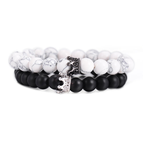 Simple Black White Stone Beads with Silver Color Alloy Crown Bracelet For Women Men Couple Bracelets Bangles Jewelry Lover Gift