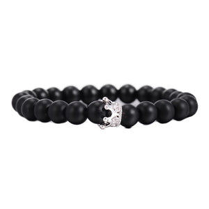 Simple Black White Stone Beads with Silver Color Alloy Crown Bracelet For Women Men Couple Bracelets Bangles Jewelry Lover Gift