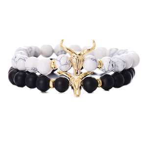 Hot Sale Classic White&Black 8MM Beads Charm Men's Bracelet High Quality CZ Golden Skull Strand Bracelets For Punk Jewellery