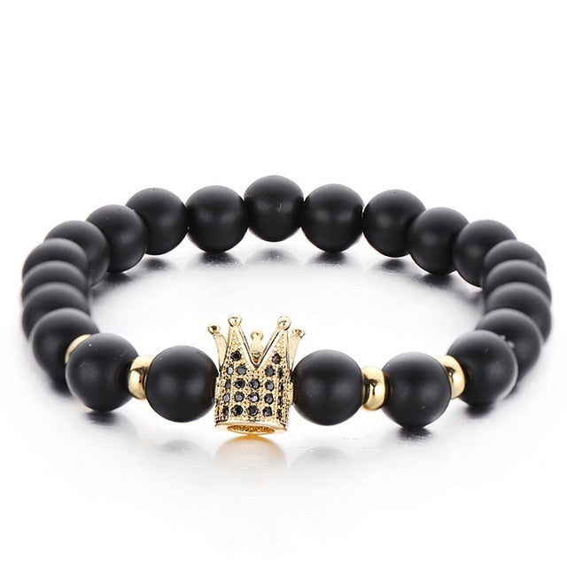 Punk Style Fashion CZ Imperial Crown Strand Bracelets For Men Pulseiras Vintage Women Bangles Fashion 8mm Matt Stone Bracelet